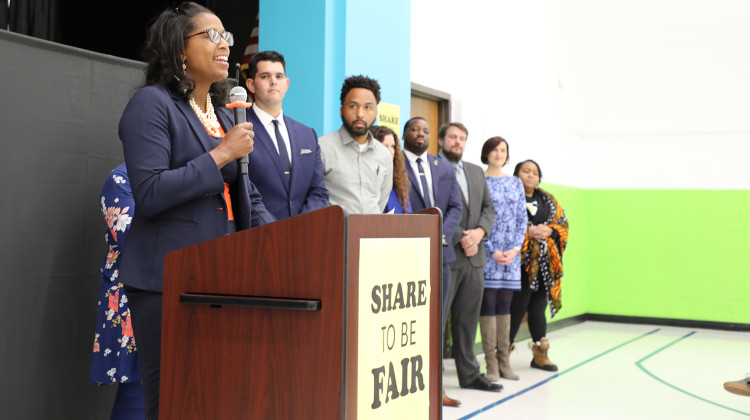 Mariama Shaheed, founder of Global Preparatory Academy charter school, speaks at Invent Learning Hub on Friday, Dec. 2, 2022. Shaheed and 28 Indianapolis charter school leaders are calling on Indianapolis Public Schools to share revenue from a property-tax referendum the district wants on the May 2023 primary ballot. - Eric Weddle / WFYI