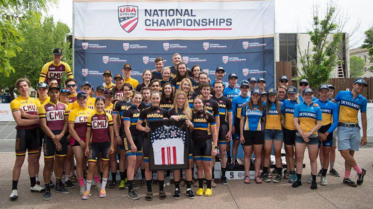 The Marian University cycling team (center) won the D1 Varsity national title Sunday, May 6 at the USA Cycling Collegiate Road National Championships. - Courtesy USA Cycling via Facebook