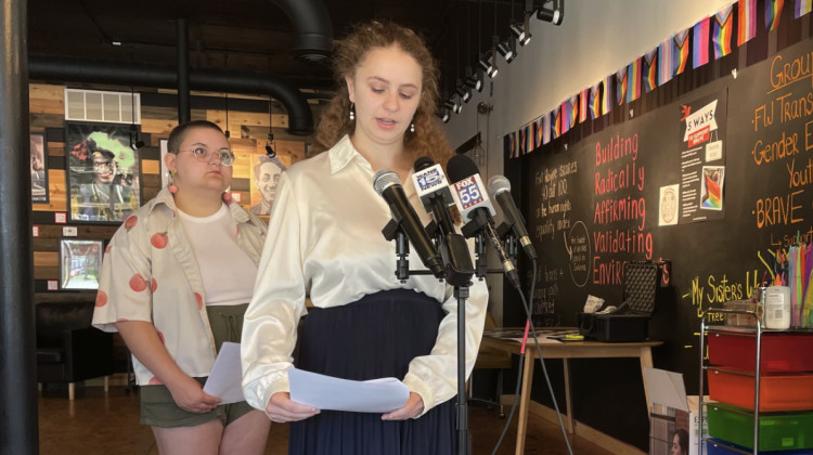 Stella Brewer-Vartanian, a student producer for 'Marian, or the True Tale of Robin Hood,' spoke about the decision to request the documents from NACS at the BRAVE Center in Fort Wayne on Tuesday, July 11, 2023. - Ella Abbott / WBOI New