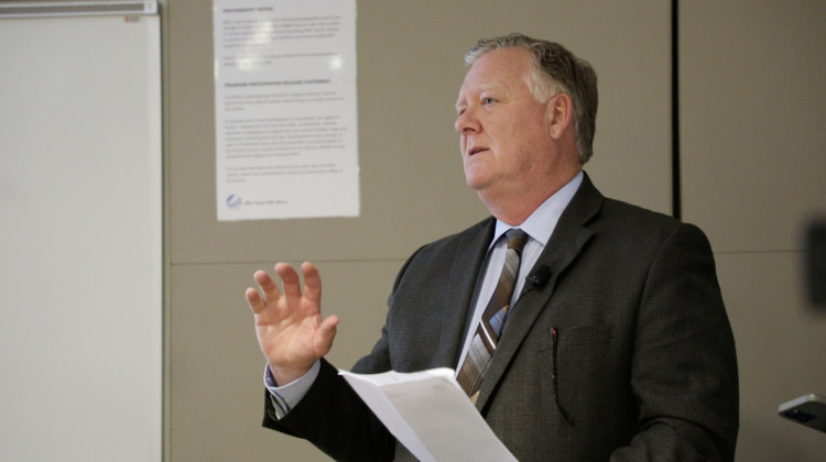 Fort Wayne Superintendent Mark Daniel speaks out against the charter application for Fort Wayne Preparatory Academy during a public hearing at the Allen County Public Library on Monday, April 18, 2022. - (Eric Weddle/WFYI)