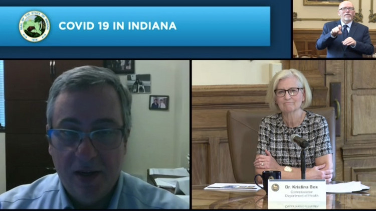 St. Joseph County Health Department's Dr. Mark Fox, left, discusses contact tracing with State Health Commissioner Dr. Kris Box. - Screenshot of Zoom call