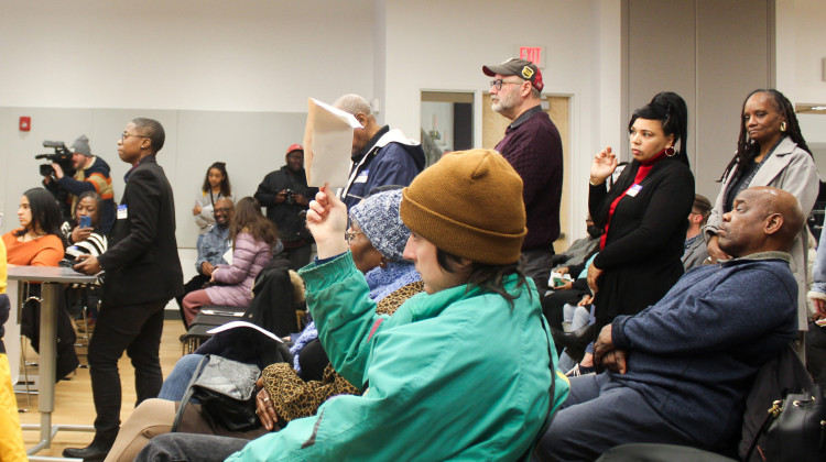 Community members wait to ask questions of data center developer Metrobloks during a meeting at Douglass Park Family Center Monday, Feb. 2, 2025. - Farrah Anderson / WFYI