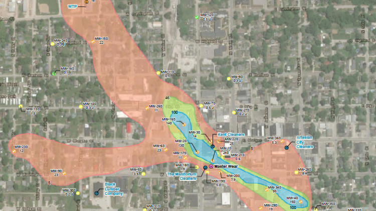 A map of the polluted plume of groundwater that makes up the Superfund site in Martinsville. The blue indicates where the highest concentrations of toxic chemicals are in the water. - (Courtesy of EPA Region 5)