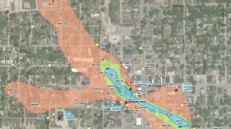 A map of contaminated groundwater in Martinsville, 2021. The blue indicates where the highest concentrations of PCE and TCE were found. The EPA suspects the water pollution mostly came from a local laundry and dry cleaning business in the 1980s. - Courtesy of EPA Region 5