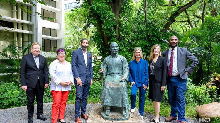 Former Carmel Mayor Jim Brainard (far left) stands alongside other mayors in a promotional photo during a visit to China last year. - Courtesy of the United States Heartland China Association