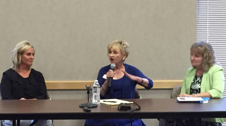 Indiana School Superintendent Jennifer McCormick, left, was part of a panel about the future of Indiana public education with Suellen Reed, center, and Glenda Ritz at the Dean Evans Center in Indianapolis on Saturday, August. 26, 2017.  - Eric Weddle/WFYI Public Media