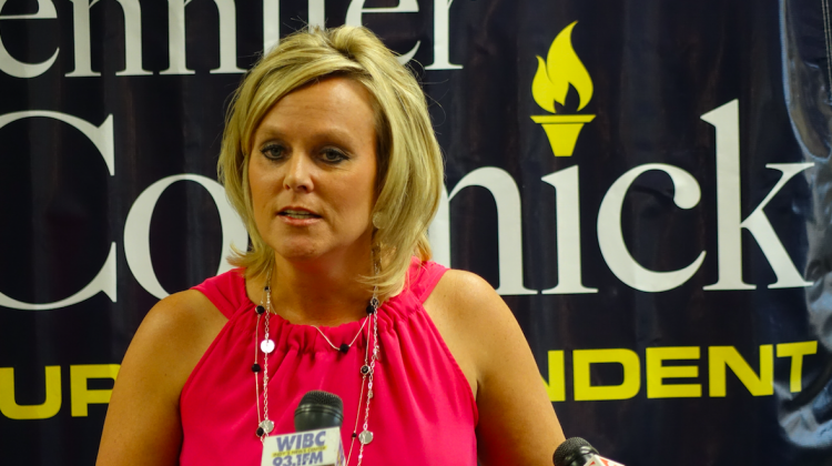 Yorktown Superintendent Jennifer McCormick and GOP state superintendent candidate talks on Sept. 21, 2016 at the Old National Building in Indianapolis. - Eric Weddle / WFYI Public Media