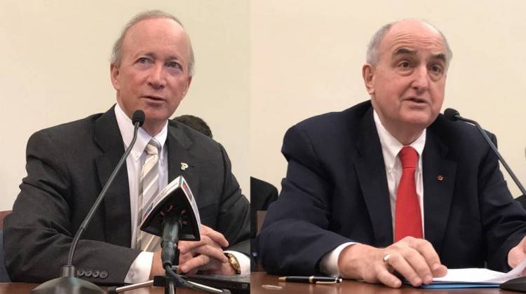 Purdue University President Mitch Daniels (left) and Indiana University President Michael McRobbie (right) address lawmakers in a Senate budget hearing. - Brandon Smith/IPB