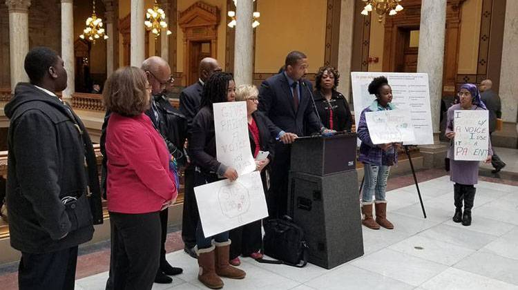 Sen. Eddie Melton (D-Gary) addresses a crowd opposed to HB 1315 at the Statehouse. - Tony Sandleben