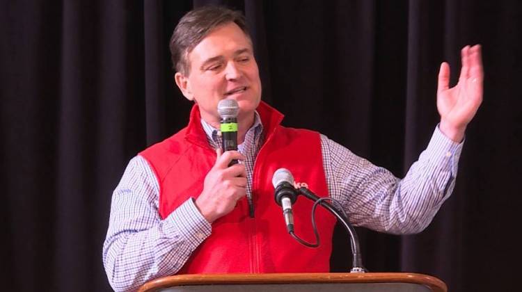 Rep. Luke Messer (R-Shelbyville) speaks to the crowd of state party activists before the straw poll vote. - Tyler Lake/WTIU