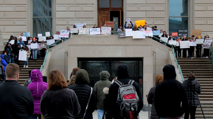 Carmel High School junior Zoe Koniaris speaks to the crowd during the second annual March For Our Lives Indiana at the Statehouse. - Lauren Chapman/IPB News