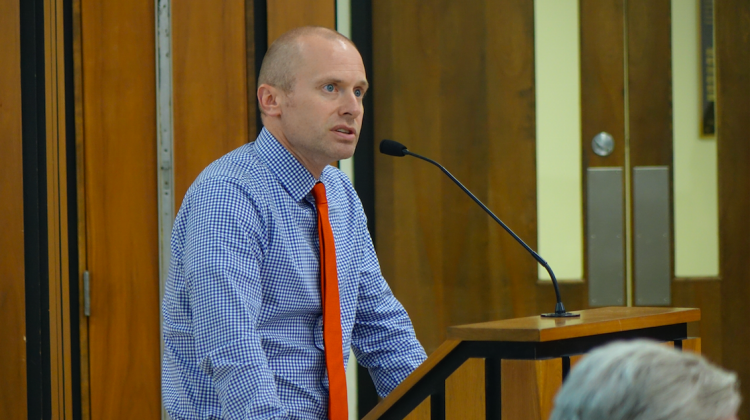 Indy Chamber President and CEO Michael Huber speaks to the Indianapolis Public Schools Board on Thursday, June 28, 2018. - Eric Weddle/WFYI News