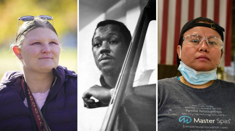 From left to right: Jamie Beck, who was profiled in a story about the conservatorship system. Indiana Avenue jazz legend Leroy Vinnegar, who was featured in an episode of the podcast Echoes of Indiana Avenue. And Ciin Mang, who was profiled in a story about how Hoosiers find meaning in their work. The stories and podcast were honored with Regional Edward R. Murrow awards. - From left to right: AJ Mast, File Photo, Justin Hicks