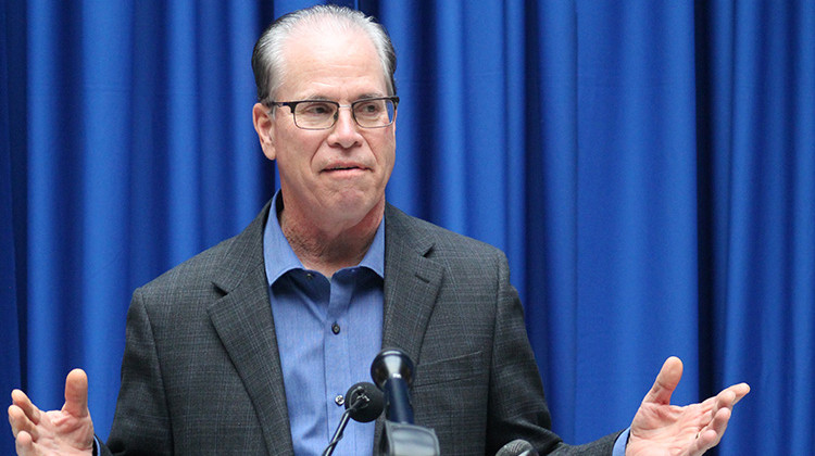 U.S. Sen. Mike Braun (R-Ind.) speaks with reporters during a visit to the Indiana Statehouse on Jan. 18, 2022. - Brandon Smith/IPB News