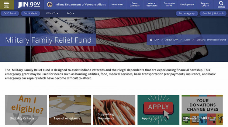 Indiana's Military Family Relief Fund provides up to $2,500 to veterans and their families who are struggling with financial issues – anything from utilities and rent to medical bills to emergency car repairs. - Screenshot in.gov/dva