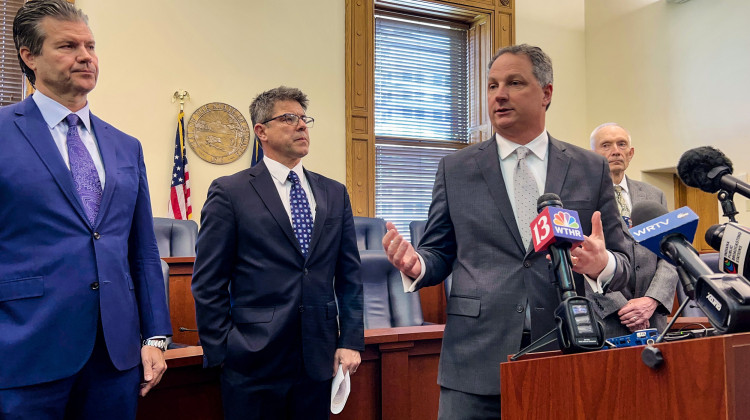 House Speaker Todd Huston (R-Fishers) speaks during the unveiling of the final version of the state budget on Apr. 26, 2023. Looking on are, from left, Sen. Ryan Mishler (R-Mishawaka), Senate President Pro Tem Rodric Bray (R-Martinsville) and Rep. Jeff Thompson (R-Lizton). - Brandon Smith/IPB News