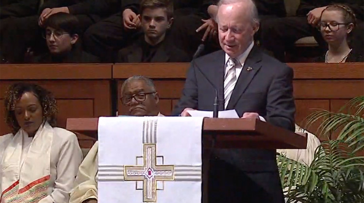 Former Gov. Mitch Daniels – a longtime Lugar staffer – speaks at former U.S. Sen. Richard Lugar's funeral in Indianapolis. - Courtesy of Lugar Center livestream