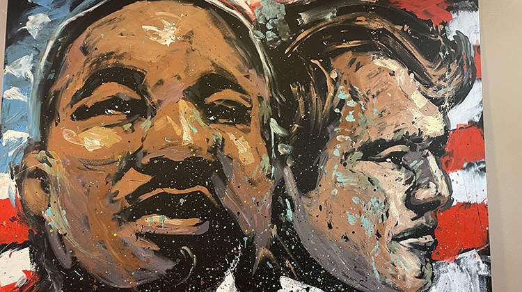 Artwork of Dr. Martin Luther King Jr. and Sen. Robert F. Kennedy seen at the Dr. Martin Luther King Jr. Park in Indianapolis on April 4, 2022. - (Katrina Pross/WFYI)