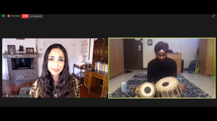 On the left, Revolutionary Love Project Founder Valarie Kaur. On the right, Indiana University undergraduate student Mokhm Singh plays the tabla for a virtual audience at Thursday's online vigil. - Courtesy of Revolutionary Love Project and Faith In Action
