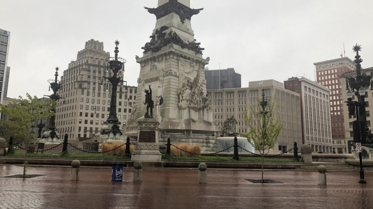 Monument Circle in downtown Indianapolis was quiet Tuesday, April 20, 2021 in the hours after former Minneapolis police officer Derek Chauvin was found guilty on all the counts he faced over the death of George Floyd. - Pria Mahadevan/WFYI News