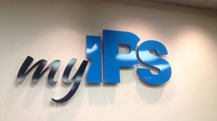 "My IPS" sign hangs in the school board chambers. - Eric Weddle / WFYI Public Media