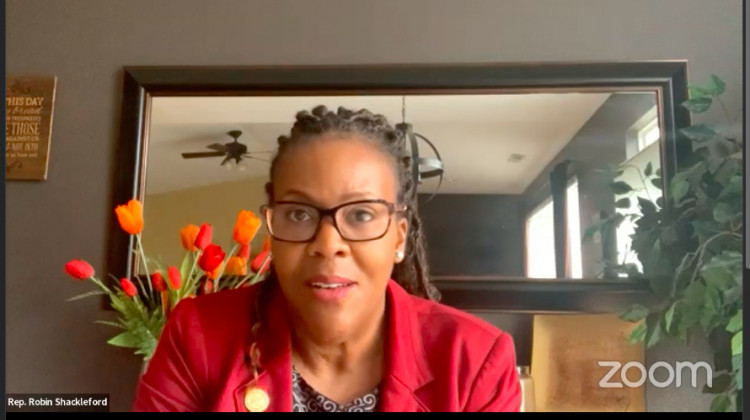 Rep. Robin Shackleford (D-Indianapolis), the chair of the Indiana Black Legislative Caucus, speaks during a State Conference of the NAACP media briefing Thursday, April 21, 2022 about a plan to improve academic outcomes for Black students. - (Greater Indianapolis NAACP/Facebook)