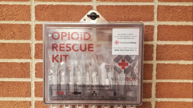 The Naloxone box is kept stocked with single-use kits outside of the Community Center entrance at the Bowen Center Wabash office. - Provided by the Bowen Center
