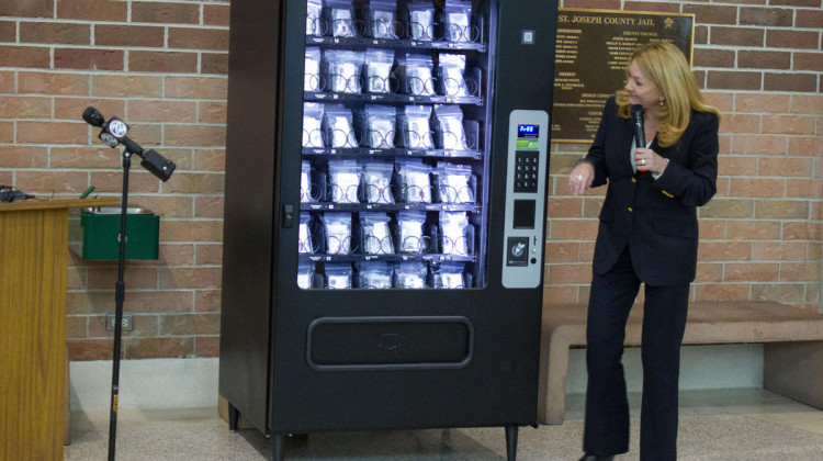 Indiana nonprofit Overdose Lifeline is purchasing and installing the machines. Executive director Justin Phillips demonstrates how to use the one installed in the St. Joseph County Jail. - (Jakob Lazzaro / WVPE)