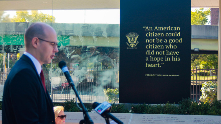 Business For America Indiana State Director Nathan Gotsch helps launch the Indiana Business Alliance for Civics at the Benjamin Harrison Presidential Site in Indianapolis on Monday, Sept. 18, 2023. - Brandon Smith/IPB News