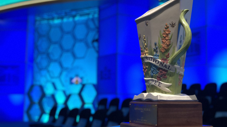 The custom-designed Scripps National Spelling Bee trophy features design elements related to the history of the spelling bee. The national spelling bee event begins May 30, 2023 in National Harbor, Md. - AP File Photo