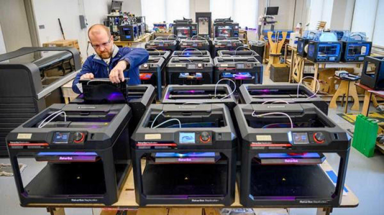 A lab full of 3D printers creating face shields at the University of Notre Dame's Idea Center. - University of Notre Dame