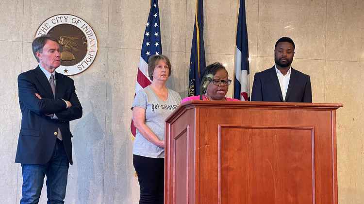 Chief Deputy Coroner Alfie McGinty discussed a proposed $800,000 opioid response grant program at a press conference on Wednesday. - Darian Benson/WFYI 
News