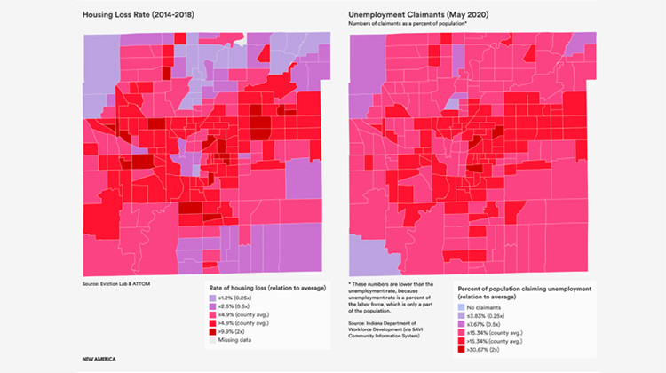 In a SAVI mapping project from Indiana University’s Polis Center, census tract-level accounting of unemployment claims helps to spatialize pandemic-related job loss in a similar manner to how our housing loss index spatially visualizes displacement.  - Courtesy of New America Foundation