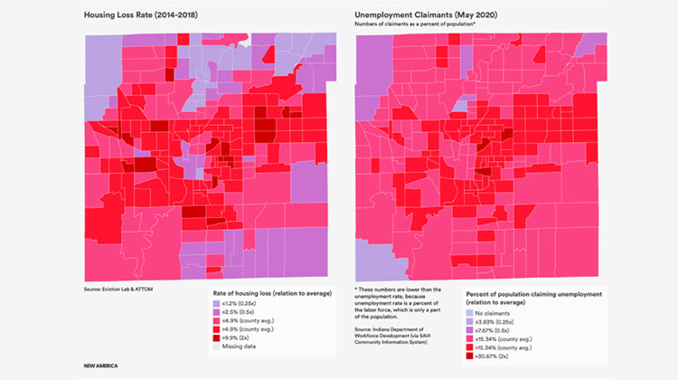 In a SAVI mapping project from Indiana University’s Polis Center, census tract-level accounting of unemployment claims helps to spatialize pandemic-related job loss in a similar manner to how our housing loss index spatially visualizes displacement. - Courtesy of New America Foundation