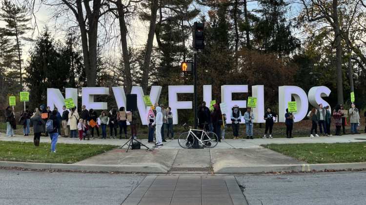 A protest outside Newfields Sunday afternoon swelled calls for transparency and criticism from the community. - WFYI/Jill Sheridan