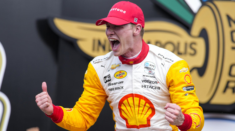 Josef Newgarden celebrates after winning the Indianapolis 500 auto race at Indianapolis Motor Speedway in Indianapolis, Sunday, May 28, 2023. - AP Photo/Michael Conroy