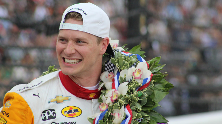Josef Newgarden celebrates after winning the Indianapolis 500 auto race at Indianapolis Motor Speedway in Indianapolis, Sunday, May 28, 2023. - Ben Thorp / WFYI
