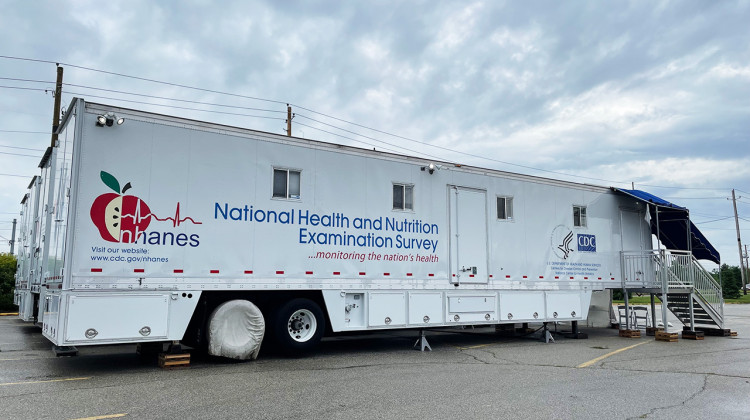 The National Health and Nutrition Examination Survey connects four semi-trailers to offer the entire health screening inside its mobile clinic. - Carter Barrett/Side Effects Public Media