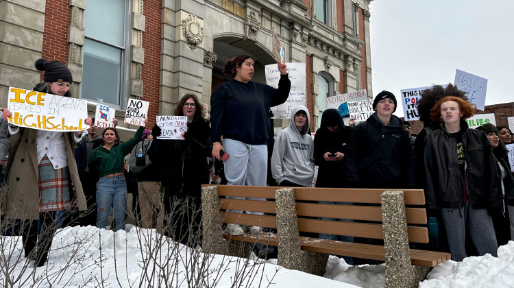 Noblesville High School students walked out Monday, Feb. 2, 2026, protesting federal immigration enforcement operations. - Zak Cassel / WFYI
