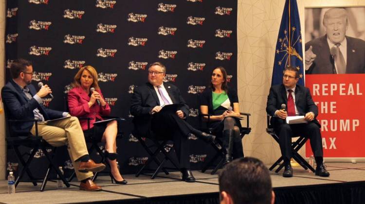 State Rep. Karlee Macer (D-Indianapolis), Indiana AFL-CIO president Brett Voorhies, Indiana Institute for Working Families director Jessica Fraser and state Sen. David Niezgodski (D-South Bend) speak on an anti-Trump tax.  - Lauren Chapman/IPB news