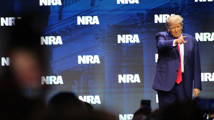 Former President Donald J. Trump spoke at National Rifle Association national convention Friday, April 14, 2023 in downtown Indianapolis. Around 70,000 people expected to attend the event at the Indiana Convention Center. - Ben Thorp / WFYI