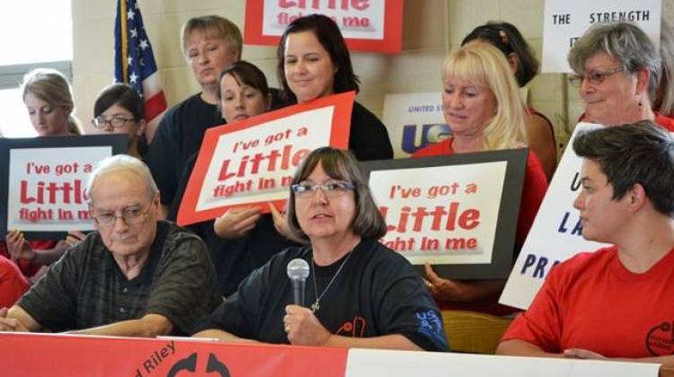 Recently retired IU Methodist Hospital nurse Cindy Wood as a pro-union rally Friday. - Ryan Delaney/WFYI