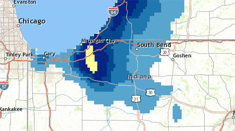 This map from the National Weather Service shows the most snow accumulation -- in yellow -- southeast of Michigan City. - National Weather Service