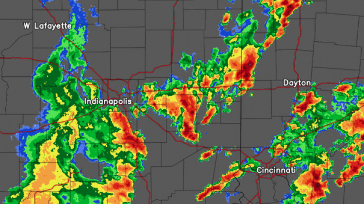 This screenshot of the National Weather Service radar shows storms moving through Indiana at 3:40 p.m. on Saturday, May 21. - National Weather Service