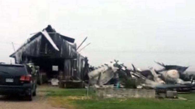 A possible tornado damaged this barn Tuesday evening, near the town of Worthington. - Courtesy NWS Indianapolis via Periscope