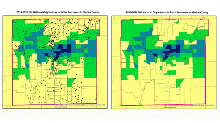 Dots on a graphic from the Fair Housing Center of Central Indiana show Old National Bank originations to White borrowers (left) compared to originations to Black borrowers (right) in Marion County from 2019 to 2020. - The Fair Housing Center of Central Indiana
