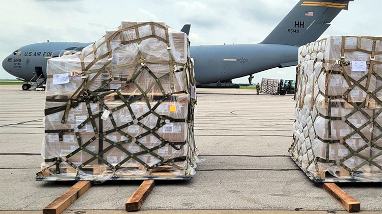 A U.S. Air Force plane from Ramstein Air Base in Germany landed at the Indianapolis International Airport on Sunday, May 22, 2022 with 132 pallets of specialty infant formula that will be distributed across the country.  - Provided by United States Transportation Command