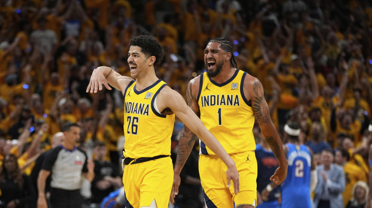 Indiana Pacers guard Ben Sheppard (26) and forward Obi Toppin (1) celebrate during the second half of Game 6 of the NBA Finals basketball series against the Oklahoma City Thunder, Thursday, June 19, 2025, in Indianapolis. - AP Photo/Abbie Parr