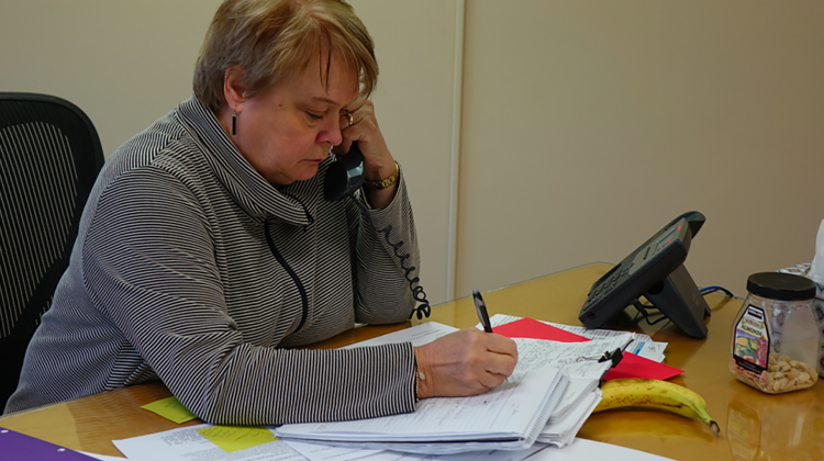 Peggy Hinckley is the state-hired emergency manager for the Gary Community School Corporation. The former Indiana superintendent and Lake County native sits at her desk in the district's main office. - Eric Weddle/WFYI