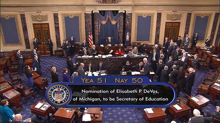 In this image from video, provided by Senate Television shows Vice President Mike Pence presiding over the Senate on Capitol Hill in Washington, Tuesday, Feb. 7, 2017, during the Senate's vote on Education Secretary-designate Betsy DeVos. The Senate confirmed DeVos with Pence breaking a 50-50 tie. - Senate Television via AP